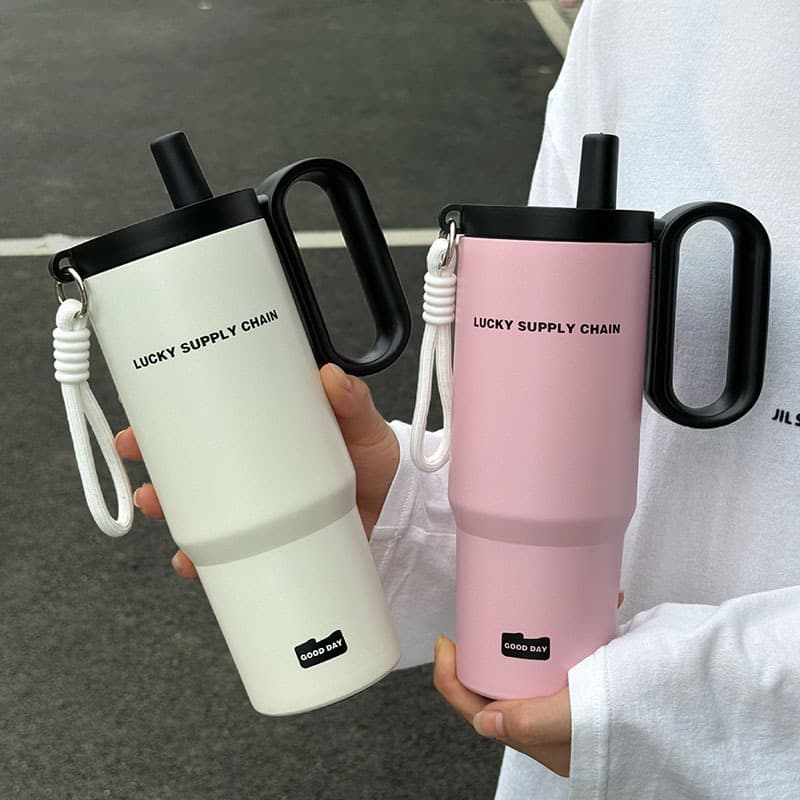 Twilight thermos cup with straw, large capacity ice cup, customized pattern, portable car cup for outing, 316 stainless steel