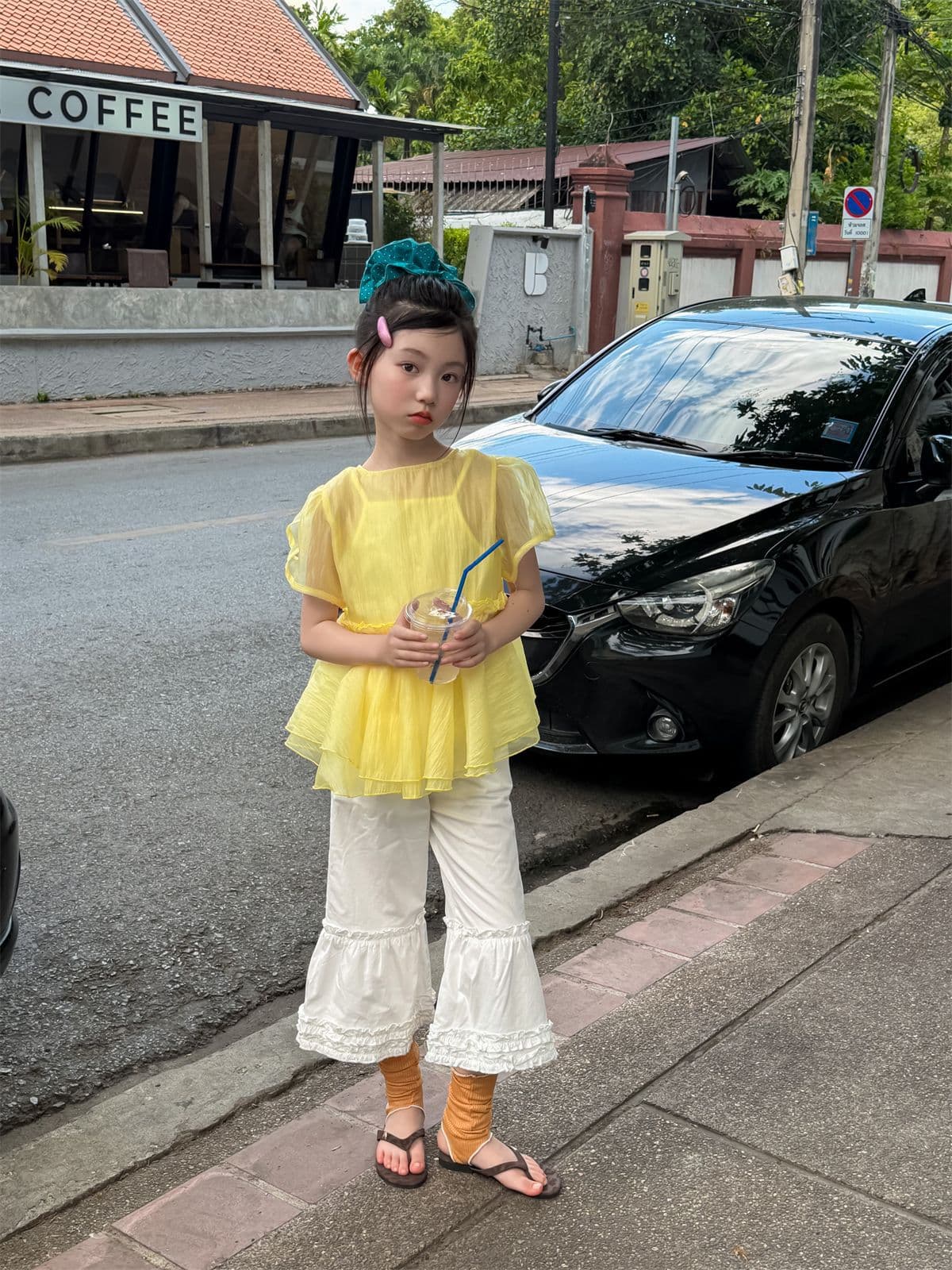 Hua Yu Xun Girls 2026 New Summer Bubble Sleeve Mesh Top Two-Piece Set Kids Breathable Cover-Up Inner Layer Outfit