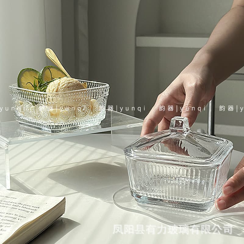 Square glass bowl ins style small fresh square ice cream bowl dessert fruit cereal breakfast bowl small salad bowl