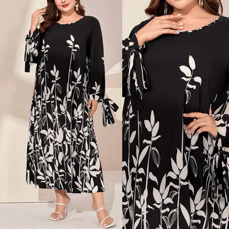 In Stock Plus Size Spring Autumn New Elegant Commuter Botanical Print Women's Long Sleeve Maxi Dress with Bowknot