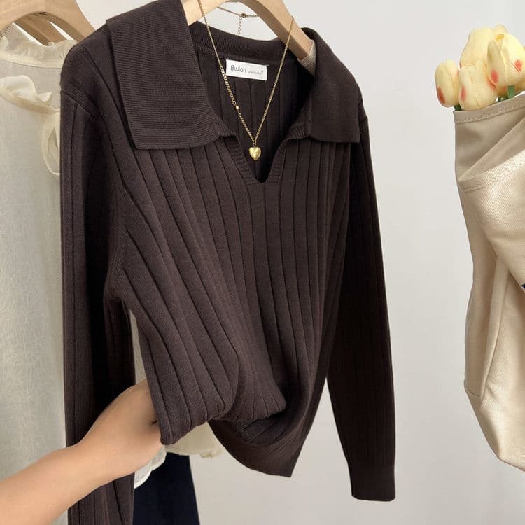 Women's Slim-Fit Ribbed Collar Knit Sweater, New Versatile and Chic Top for Autumn/Winter