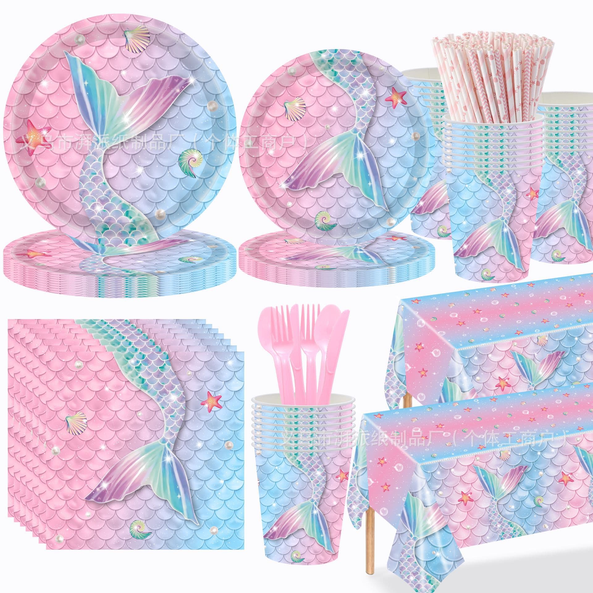 Pink Fish Scale Mermaid Theme Disposable Tablecloth Paper Dinner Plate Birthday Party Decoration Props Supplies