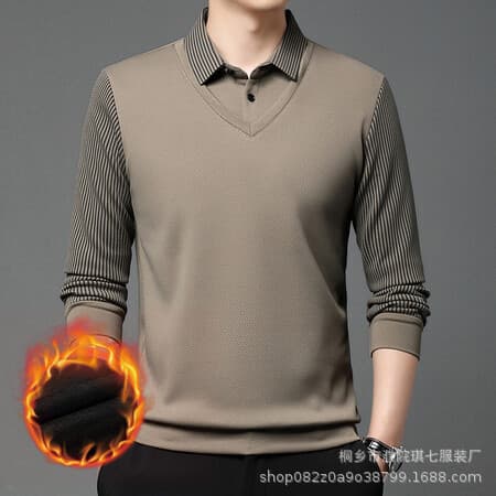 Winter Two-Piece Polo Shirt Men's Fleece-Lined Skin-Friendly Warm Solid Color Thickened Shirt Collar Knitted Sweater, Men's Light Mature Style