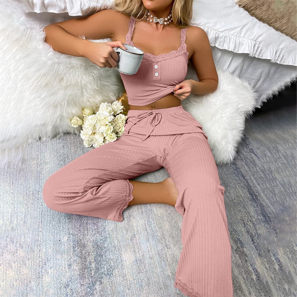 Women's Lace Trim Camisole and Pants Lounge Set, Sexy Two-Piece Sleepwear for Summer, Trendy European and American Style