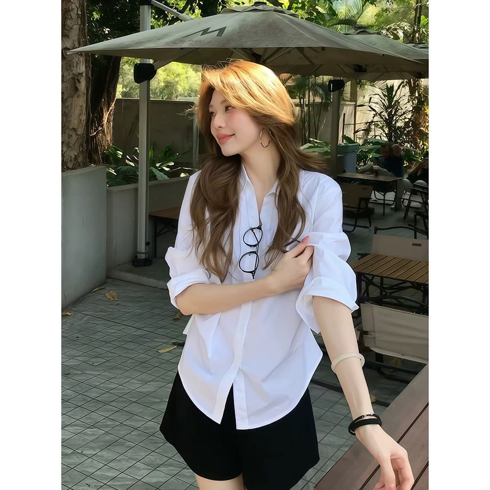 SadSoil Basic White Pleated Blouse for Women Spring Summer Loose Long Sleeve Casual Atmosphere Shirt