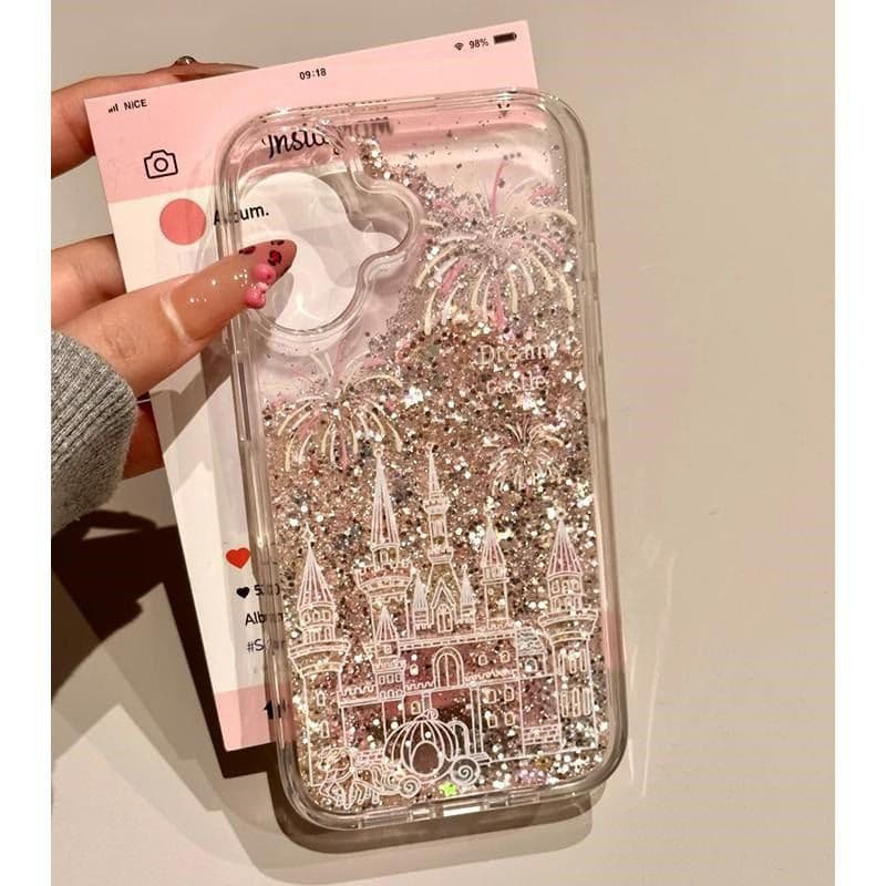 Pink Blush Firework Castle Silver Liquid Sand Case for iPhone 17 Pro Max 16 Pro 15 Pro New Precision Cutouts