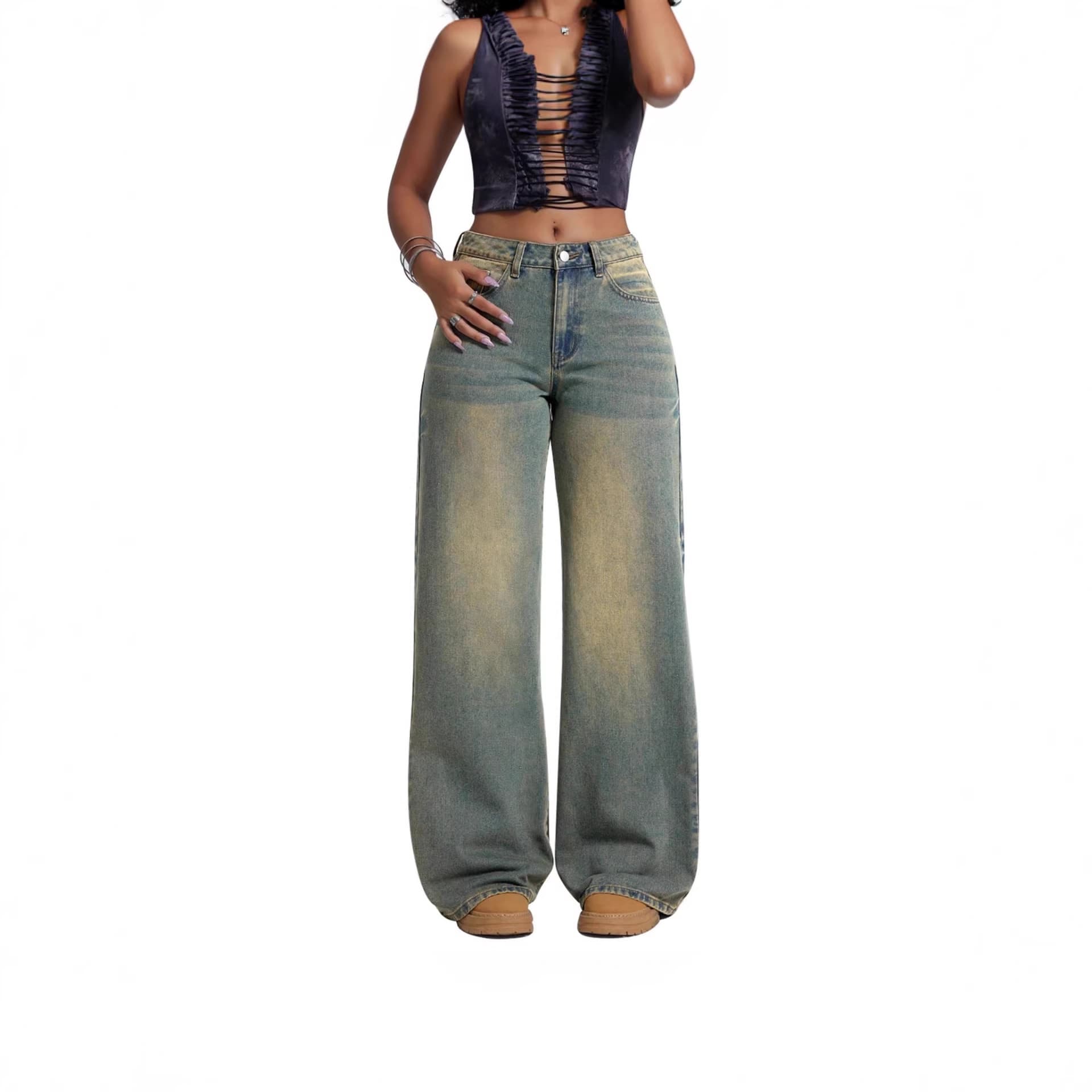 US Cross-Border Retro Nostalgic Stretch High-Waist Loose Wide Leg Pants Versatile Spring/Autumn/Winter Straight Leg Jeans Women's Long Pants