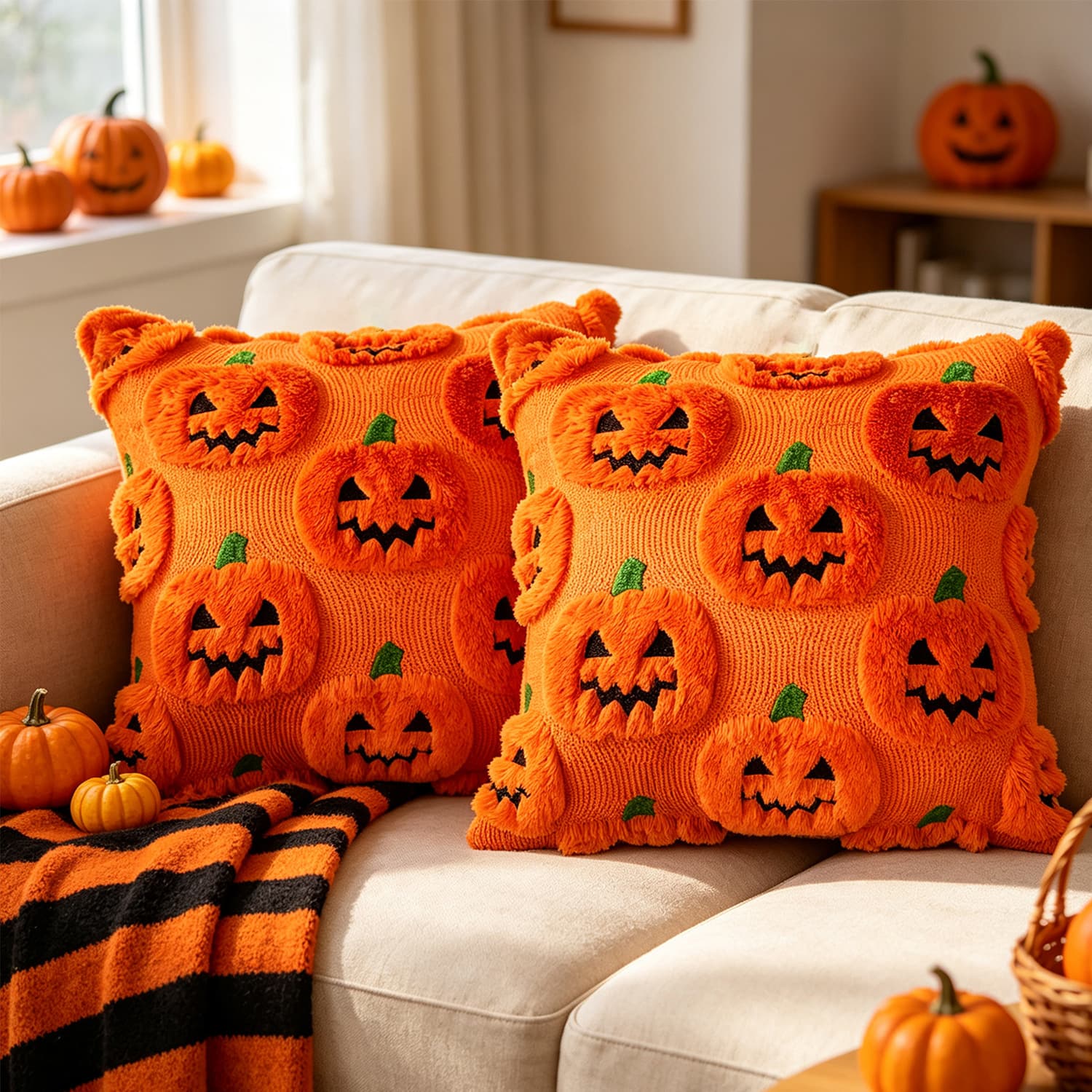 Halloween Pumpkin Throw Pillow Cover Two-Tone Quilted Smiley Pumpkin Sofa Cushion Cross-Border Holiday Party Decoration