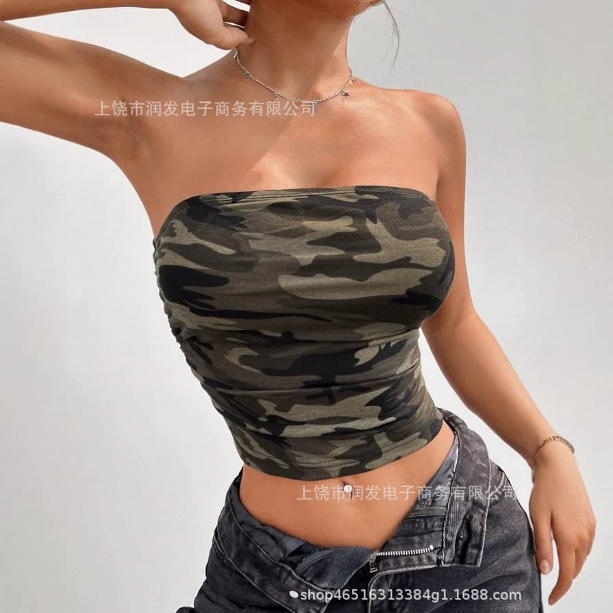 Spicy Girl Retro Camo Tube Top for Women - Short, Waist-Revealing, Strapless, Slimming, Sexy American Trendy Vest