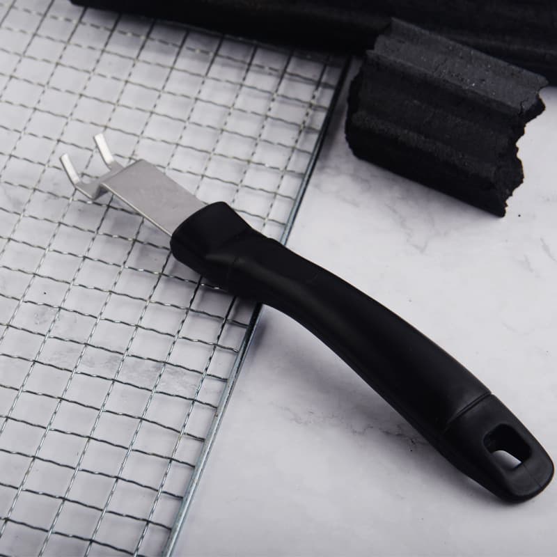 Stainless Steel Pry Bar Multi-Purpose BBQ Accessory, Grill Fork Plate Lifter, Charcoal Tray Tool with Black Handle