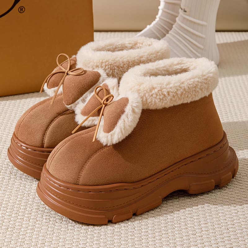 Hot-selling Fleece-Lined Warm Cotton Shoes for Women, Winter Fashion Bow Indoor Home Elevated Thick Sole Cotton Slippers, Wear Out