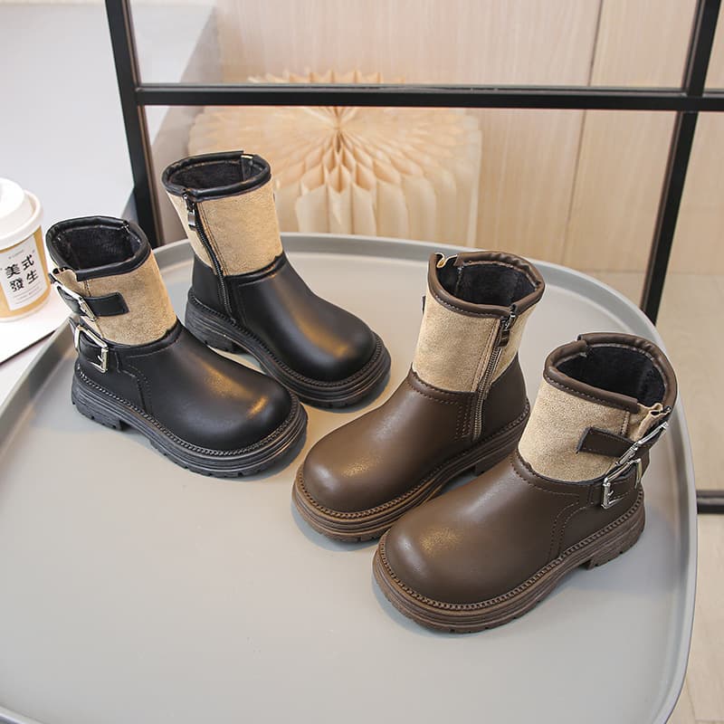 Children's Low-Top Boots, Ultra-Soft Fall/Winter Leather Boots for Girls, Princess Style, Fleece-Lined Martin Boots with Belt Buckle, Short Boots for Boys