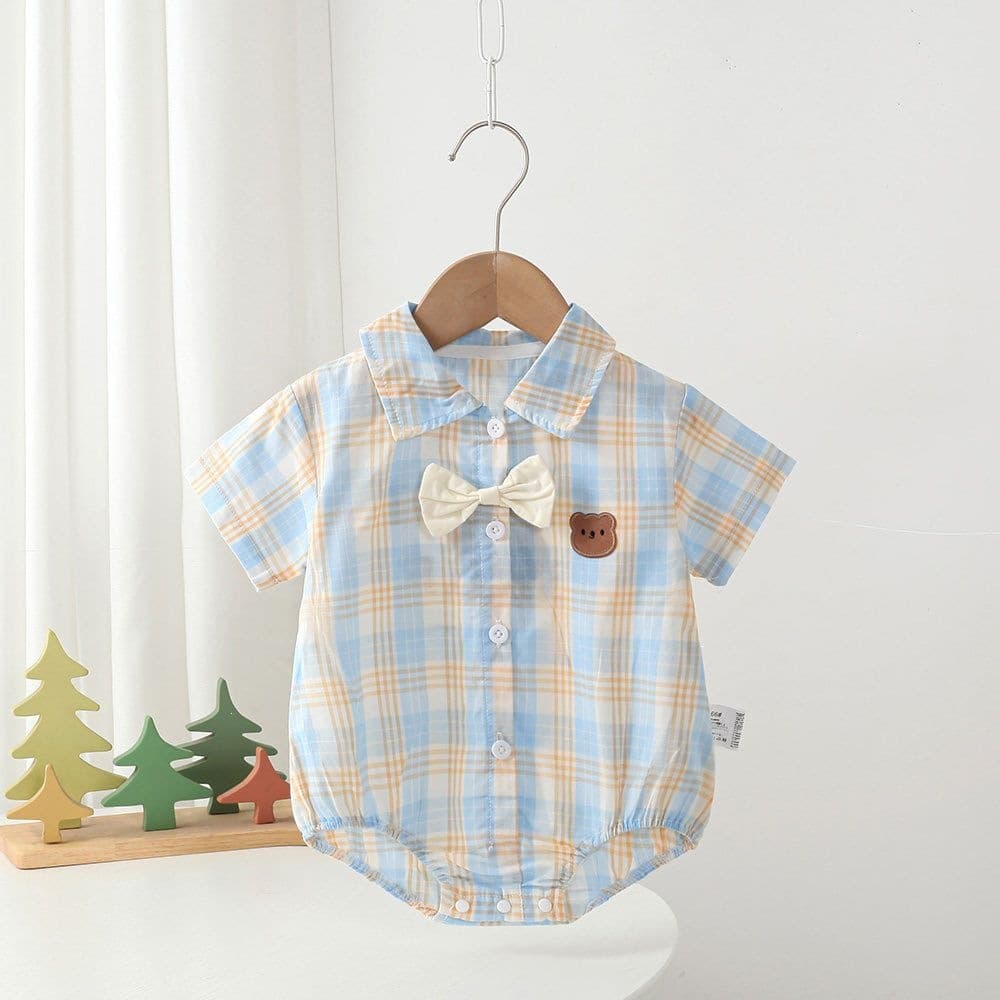 Baby Summer Thin Woven Cotton Cute Cartoon Bodysuit for Boys, Gentleman Plaid Style for Photo Shoot
