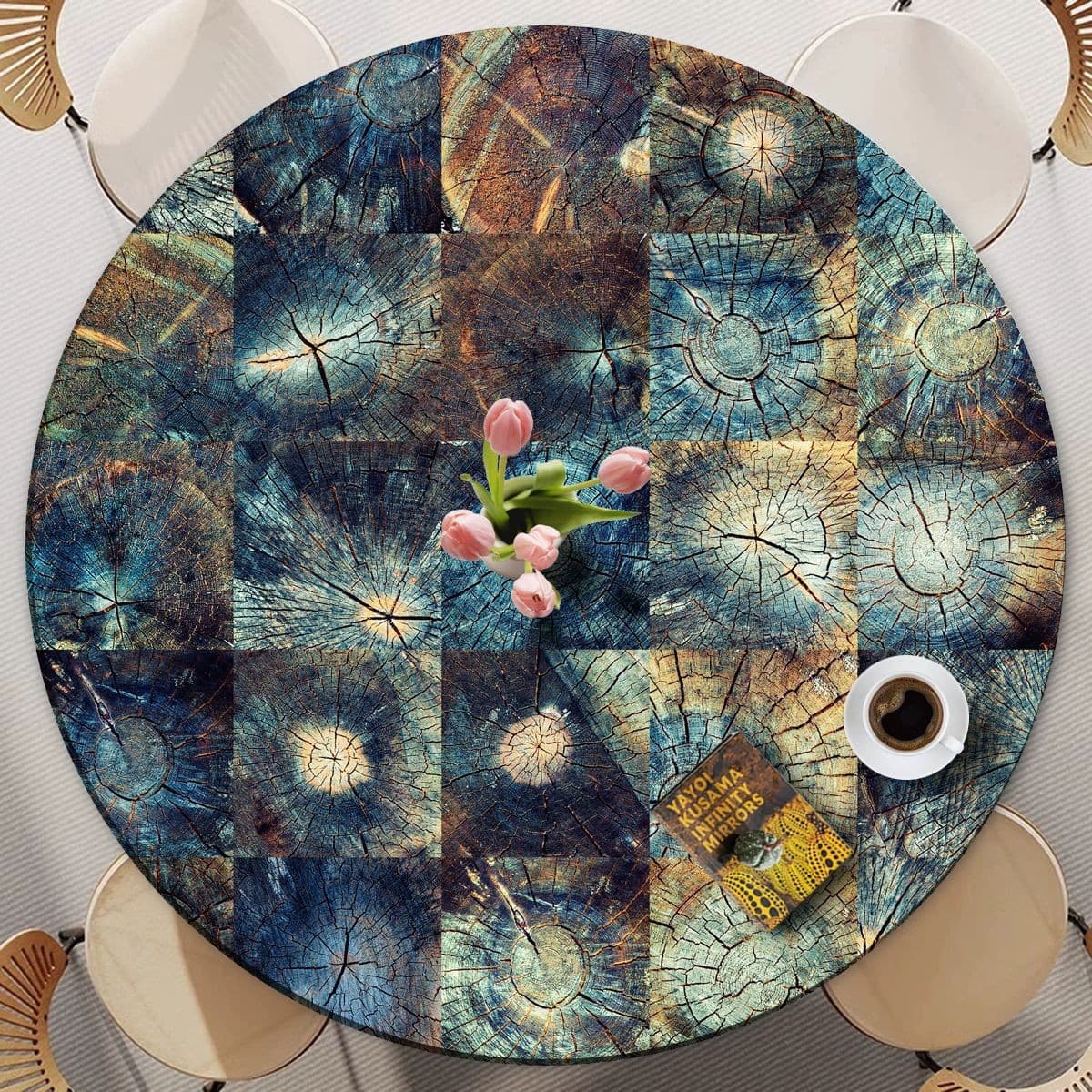 Cross-border Hot Selling Wood Texture Round Table Cover Tablecloth Printed Round Tablecloth Dustproof Waterproof Elastic Dining Table Cover