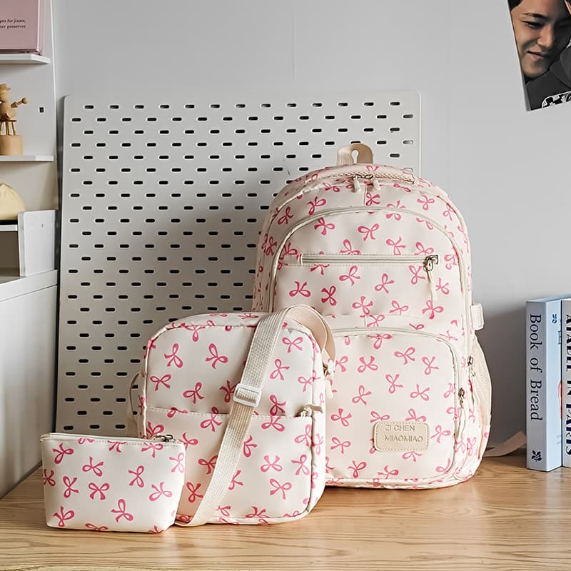 New Style Ins Bow Premium Three-Piece Set Bag College Student Backpack Large Capacity Casual Travel Fashion