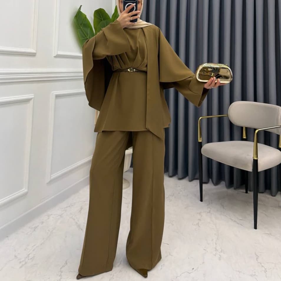 European and American Women's Fashion Outfit for Amazon Cross-Border Trade, Long-Sleeve Cinched Waist Top with Wide-Leg Trousers Set for Spring and Autumn
