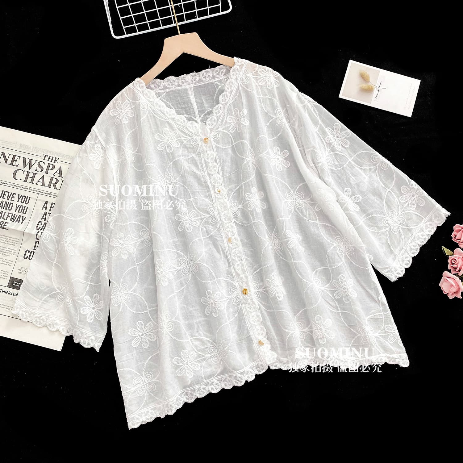 Cotton V-neck embroidered shirt for women loose three-quarter sleeve solid color lazy style shirt thin cardigan top 521