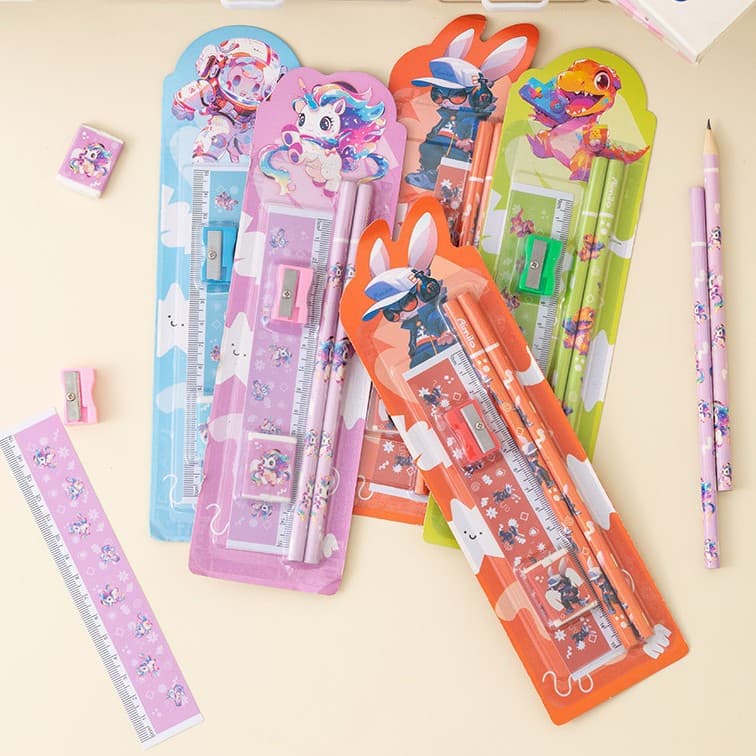 Kids 5-Piece Stationery Set, Kindergarten Prize, Elementary School Student Learning Supplies, Cartoon Pencil Set