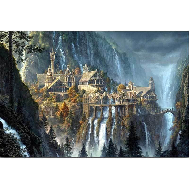 Deep mountain castle, forest architecture, waterfall scenery, Lord of the Rings Rivendell Fortress, diamond painting