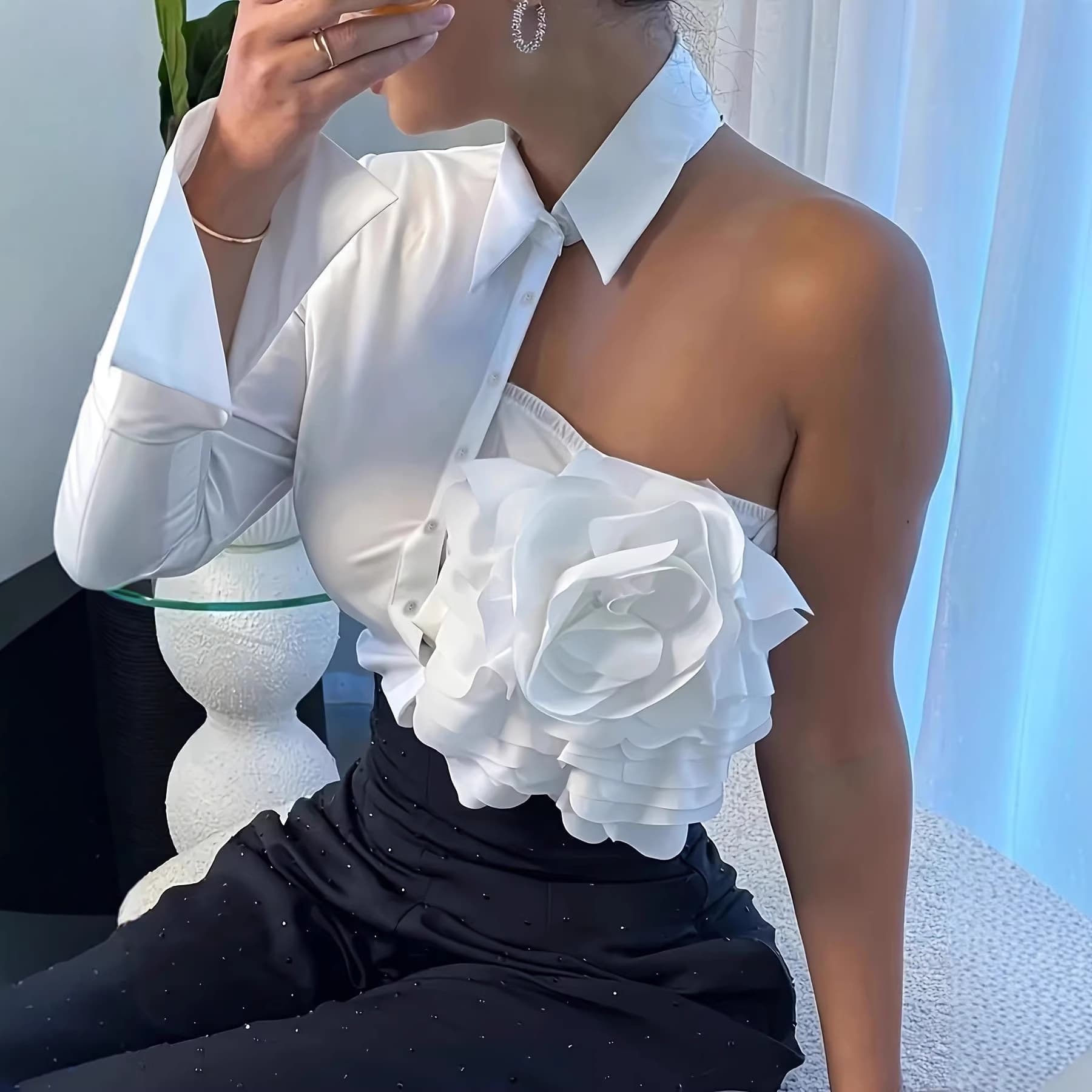 One-Shoulder White Blouse with Skin-Baring Design, 3D Floral Embellishment, Fashionable, Elegant, and Versatile