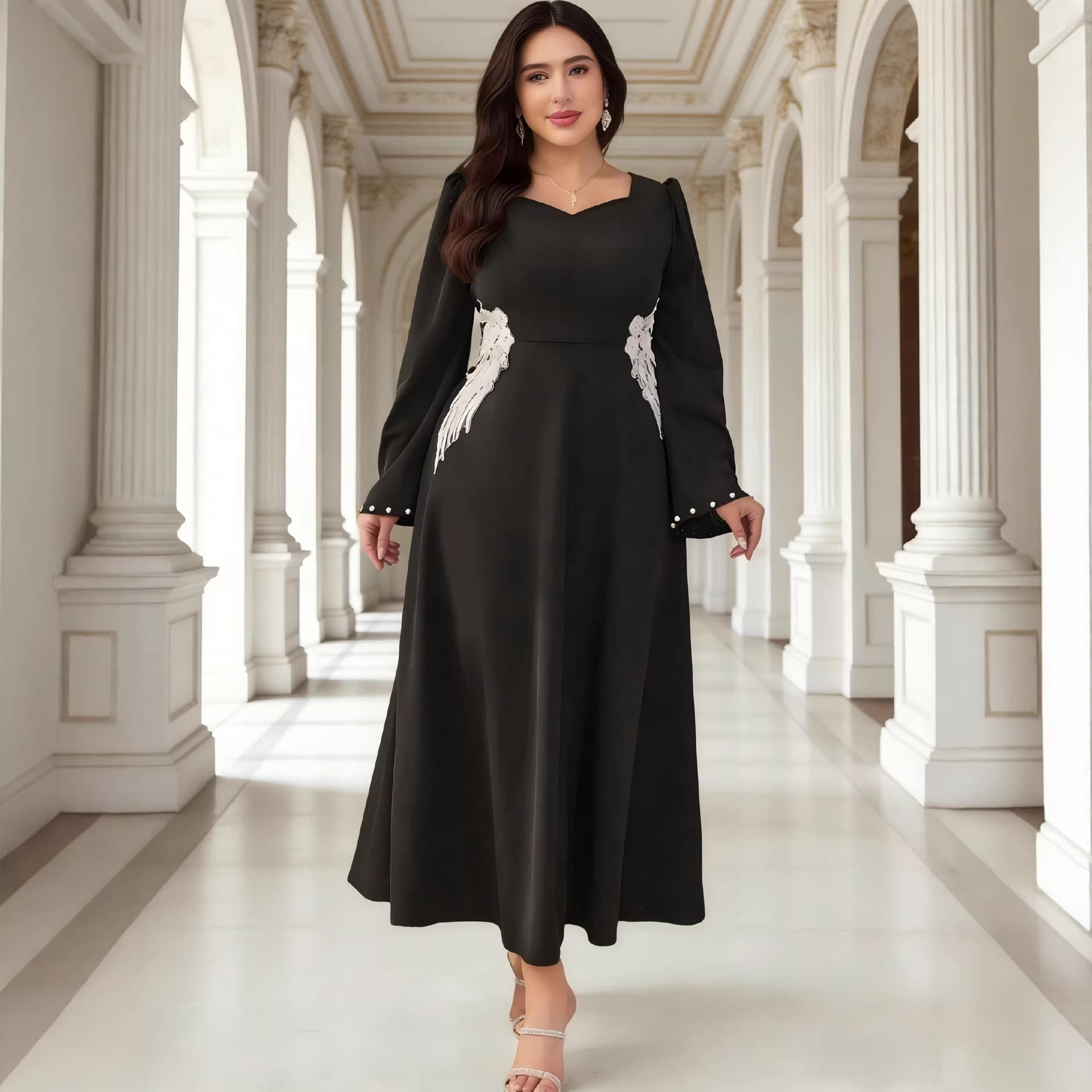 Cross-border Plus Size Black Embroidered Long Dress Fashion V-Neck Beaded Flared Sleeve Dress