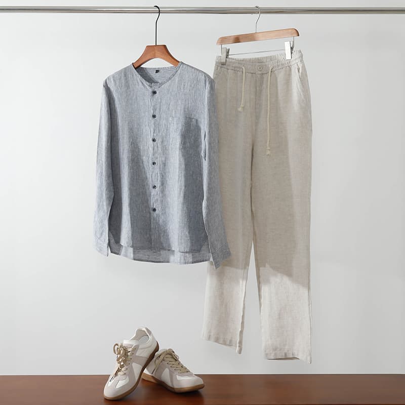 Summer Casual Linen Men's Shirt Crew Neck Long Sleeve Shirt Loose Basic Style Elastic Waist Trousers Casual Set