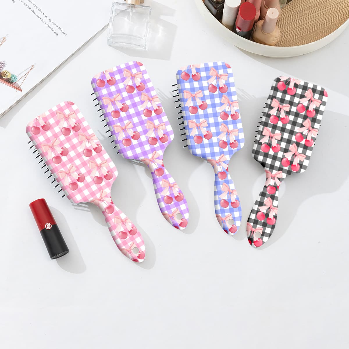 New Foreign Trade Cherry Bow Checkerboard Pattern Cushion Comb for Women Anti-Tangle Air Cushion Comb
