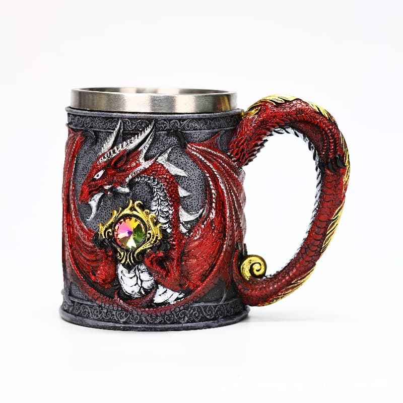 Western Dragon Relief Mug Large Capacity Resin Stainless Steel Beer Mug Fantasy Adventure Theme Holiday Gift