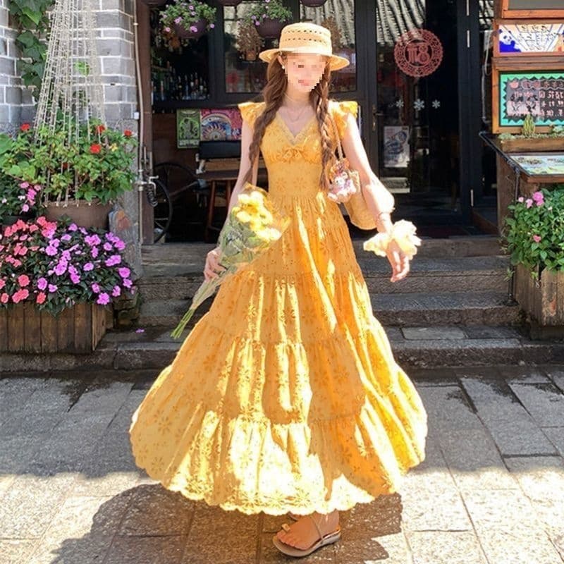 Lace yellow new fashion plus size women's summer flying sleeves hollow long skirt collar women's resort style dress
