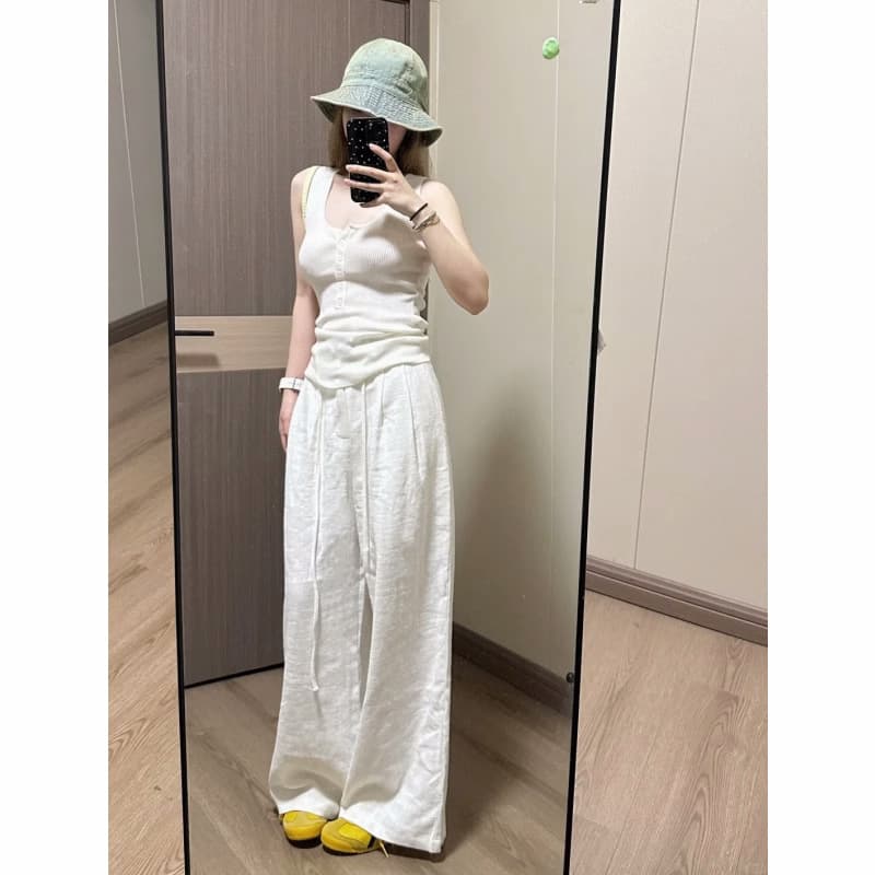 Extra long white ramie wide leg pants for women early spring high waist cotton and linen loose straight linen casual pants for summer
