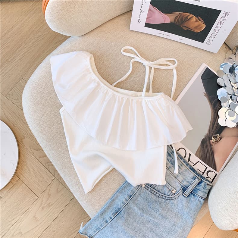 French ruffled shoulder camisole women's summer sweet hottie short navel-baring tube top chic sleeveless top