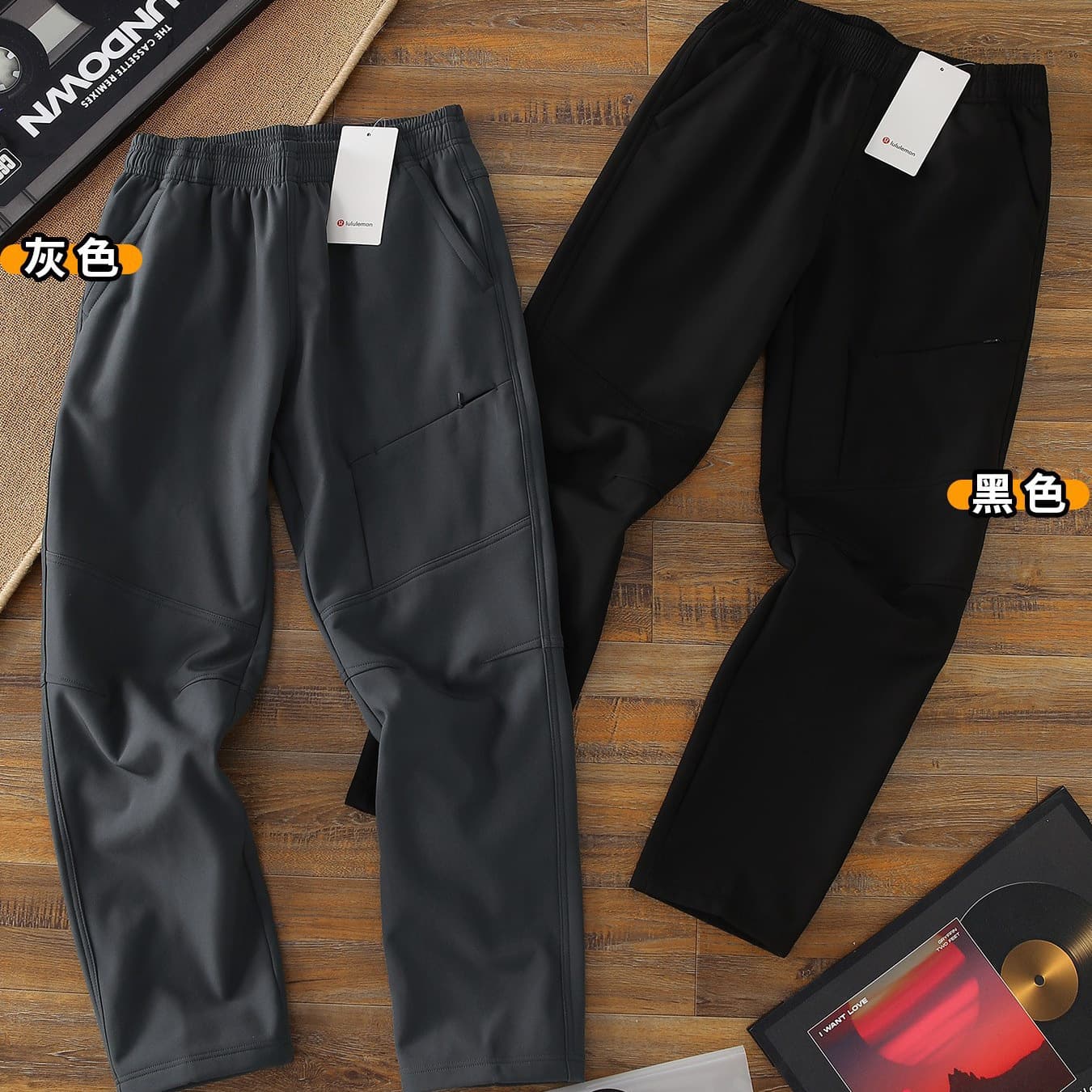 LULU Men's Autumn/Winter Outdoor Warm Fleece-Lined Casual Hiking Pants, Wear-Resistant Elastic Straight Leg Sports Pants