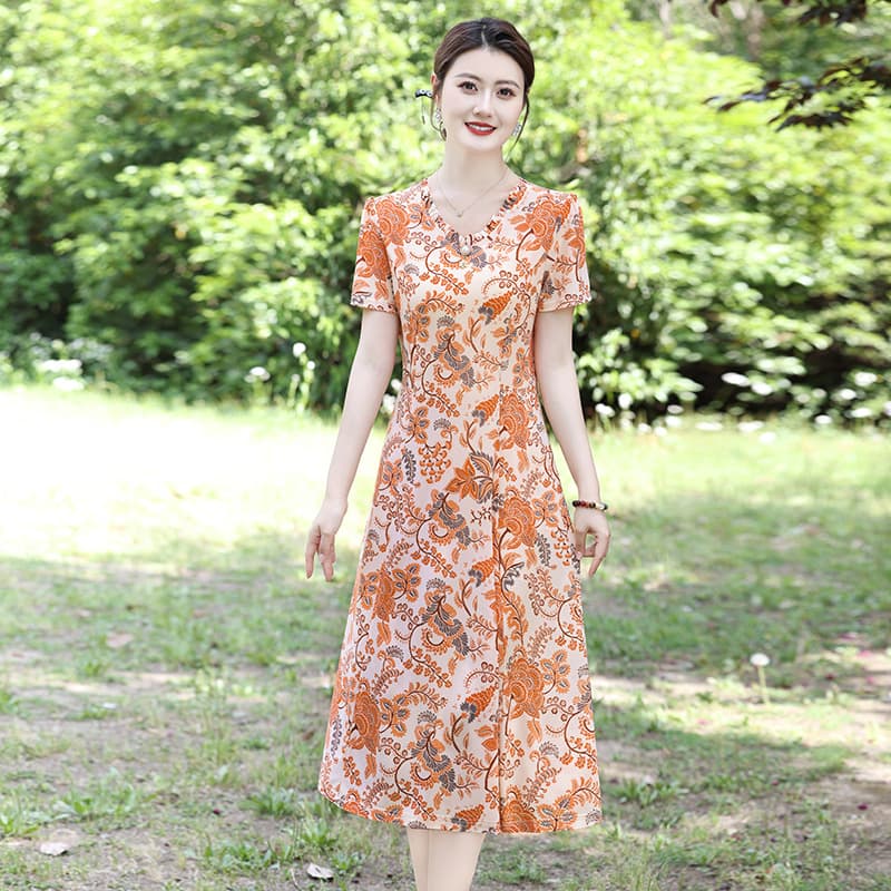 2025 New Style Dress Short-Sleeve Dress, Fashion New Style Printed Floral Plus Size Tummy-Covering Slim-Fit Mid-Length Skirt