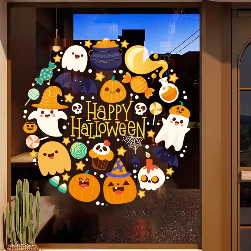 Halloween Decoration Window Glass Sticker Cartoon Wreath Glass Door Sticker Shop Atmosphere Decoration Double-Sided Sticker