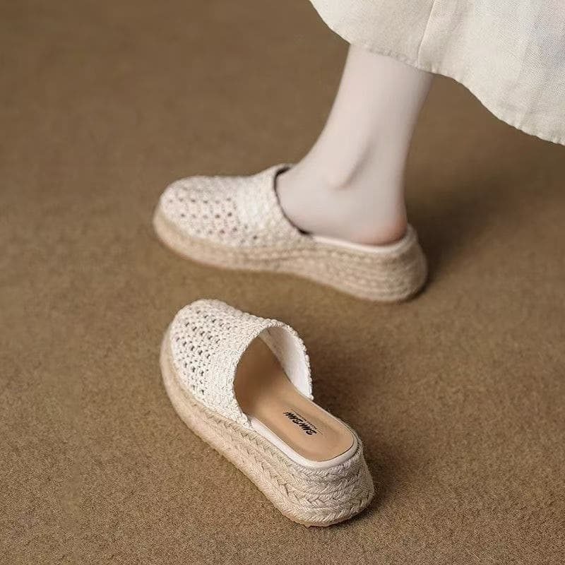 Simon Reiner thick-soled straw half-slippers 2026 casual hollow retro woven toe-cap slippers summer outer wear slope