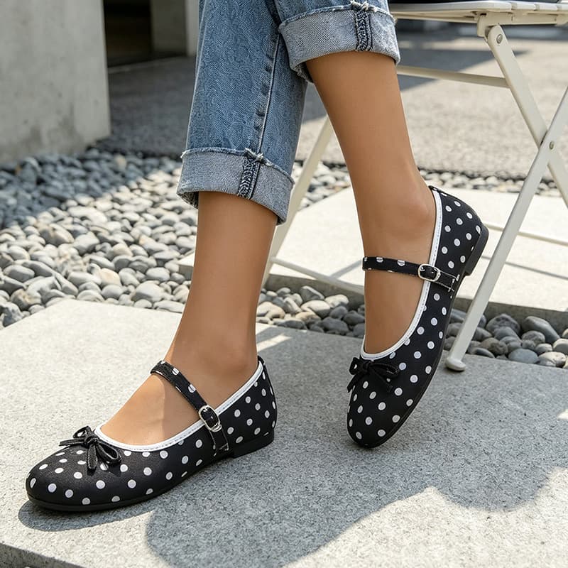 Cross-Border Retro Polka Dot Mary Jane Shoes 2026 New Style Soft-Soled Flat Shoes for Women with Bowknot and Single Strap Shallow Mouth Shoes