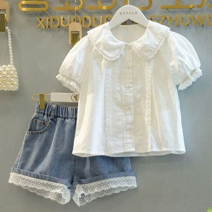 Girls Summer Lantern Sleeve Shirt 2026 New Children's Floral Doll Top with Denim Shorts Two-Piece Set for Older Girls