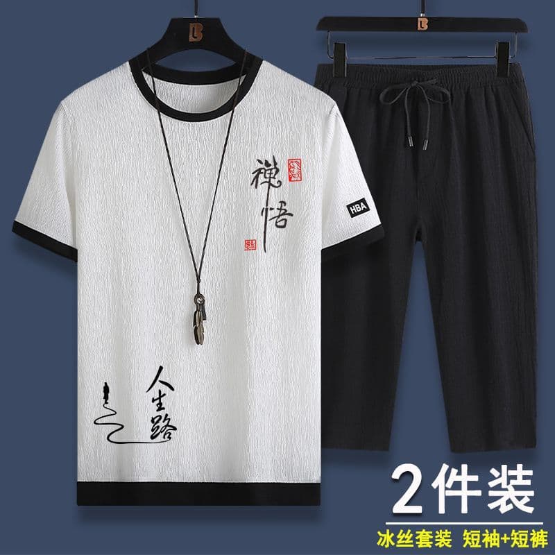 Custom Ice Silk Men's Summer Sports Short Sleeve Set Loose Plus Size Casual New Patchwork Capri Shorts Fashion