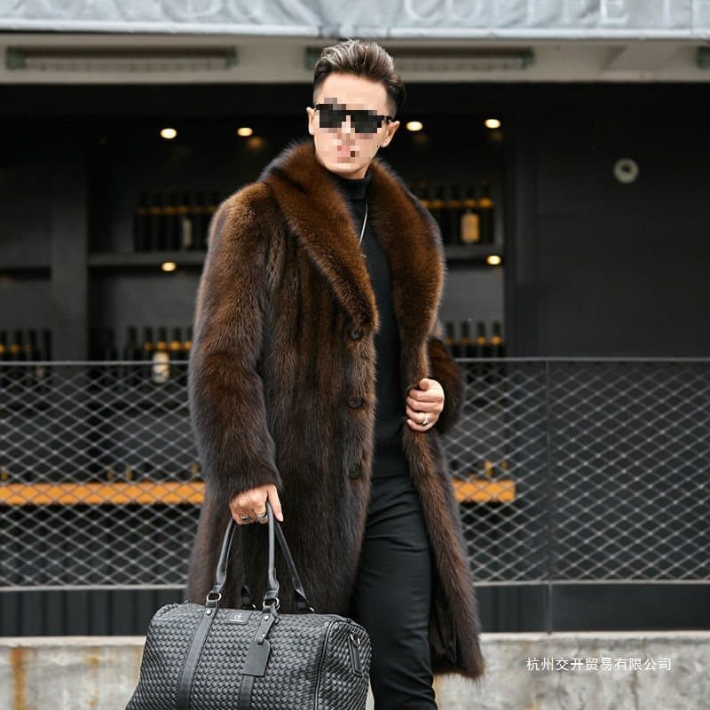 Faux Mink Coat Men Mid-Length Autumn/Winter Plus Size Fleece Lined Thickened Faux Raccoon Fur Faux Fur Coat Brown
