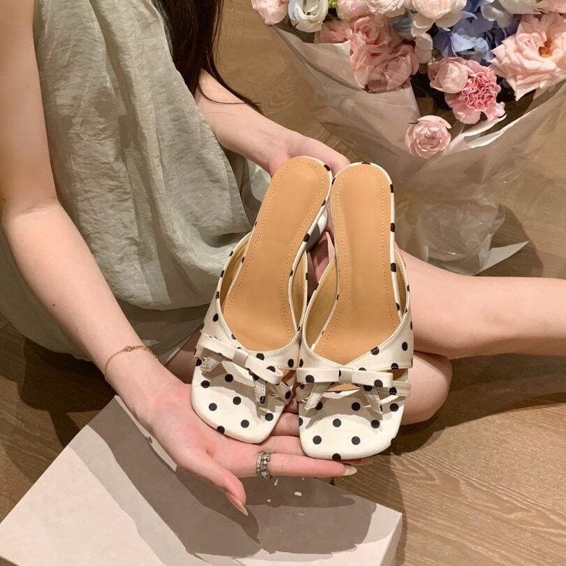 2026 Summer New Retro Wave Polka Dot Bow Square Toe Slide Sandals for Women, Wedge High Heel Casual Slippers