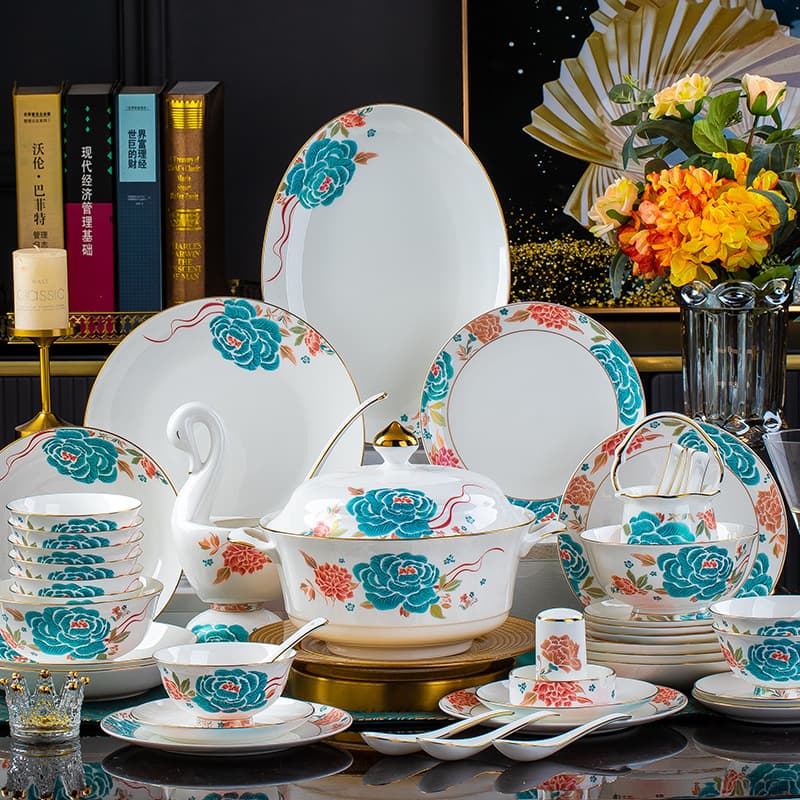 Bowl and dish set ceramic bowl and plate Jingdezhen housewarming high temperature bone china tableware set complete set Chinese style gift light luxury