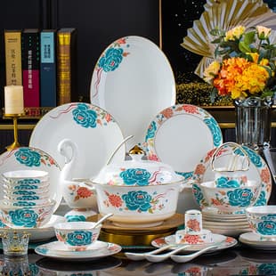 Bowl and Plate Set Ceramic Bowls Plates Jingdezhen Housewarming High-Temperature Bone China Dinnerware Combination Whole Set Chinese Style Gift Light Luxury