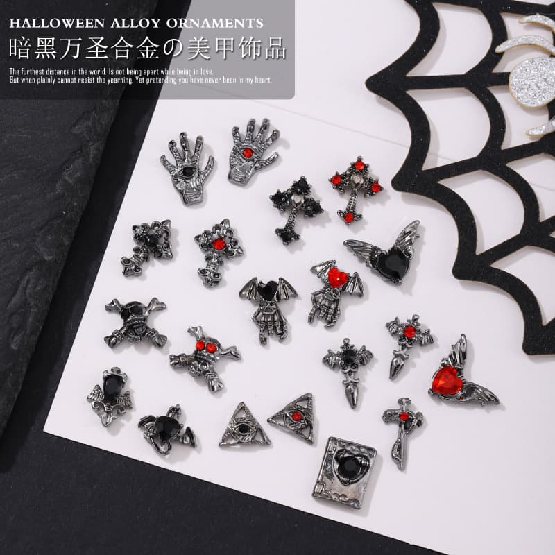 New manicure dark style alloy jewelry Halloween Crow heart cross skull love chain nail diamond jewelry
