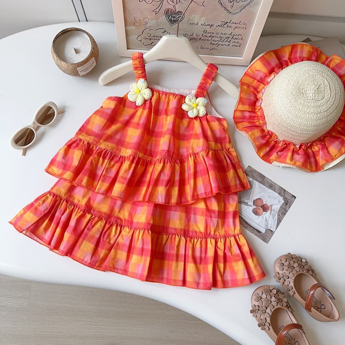 Girls Korean Style Summer New Plaid Floral Camisole Cake Dress with Hat Drop Shipping