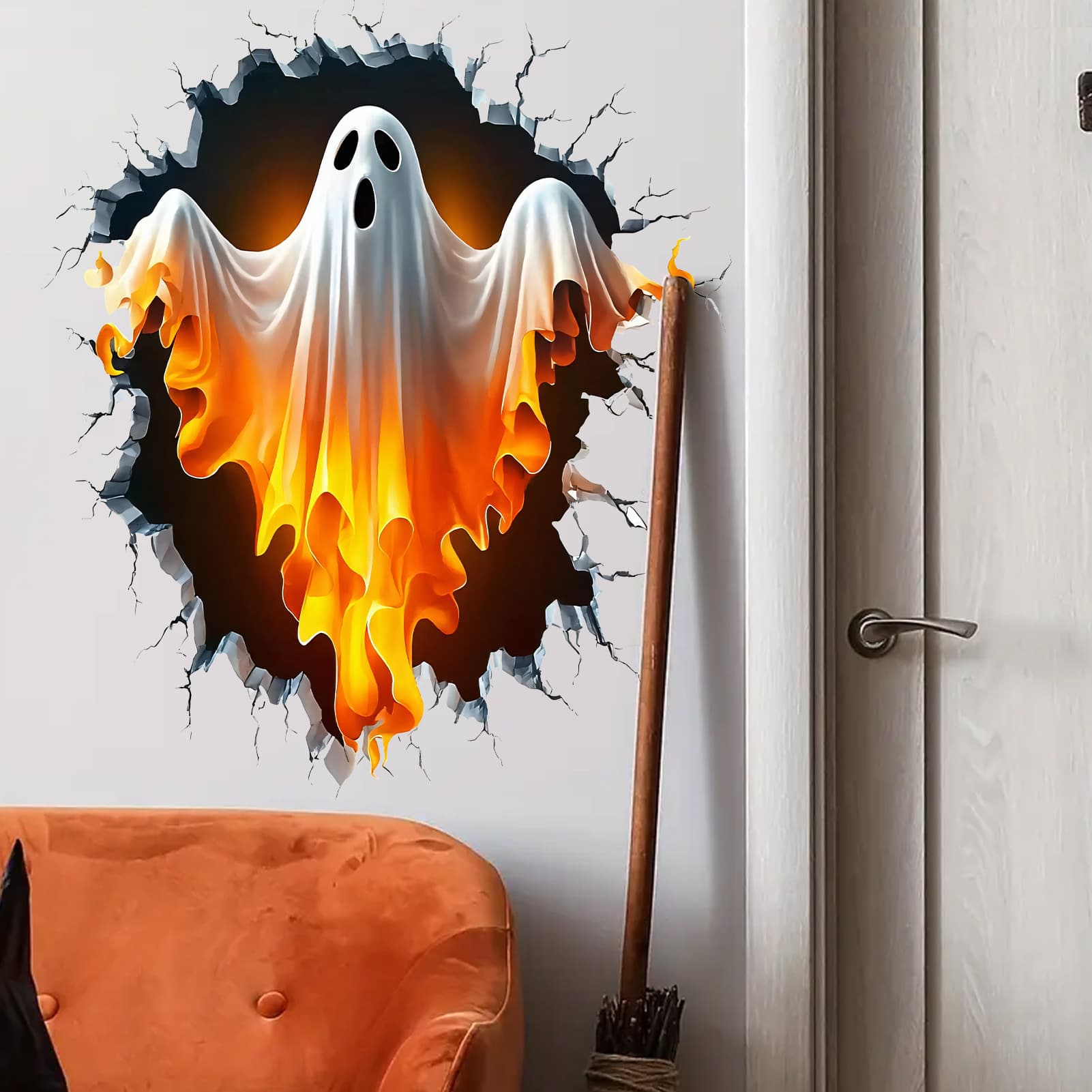 New Halloween 3D Creative Wall-Breaking Horror Flame Ghost Sticker Halloween Store Festive Atmosphere Decorative Wall Sticker