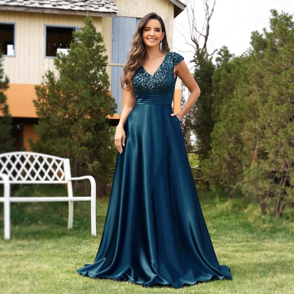 European and American new sequined V-neck evening dress for women's banquet elegant Satin A-line long skirt Party dress for women