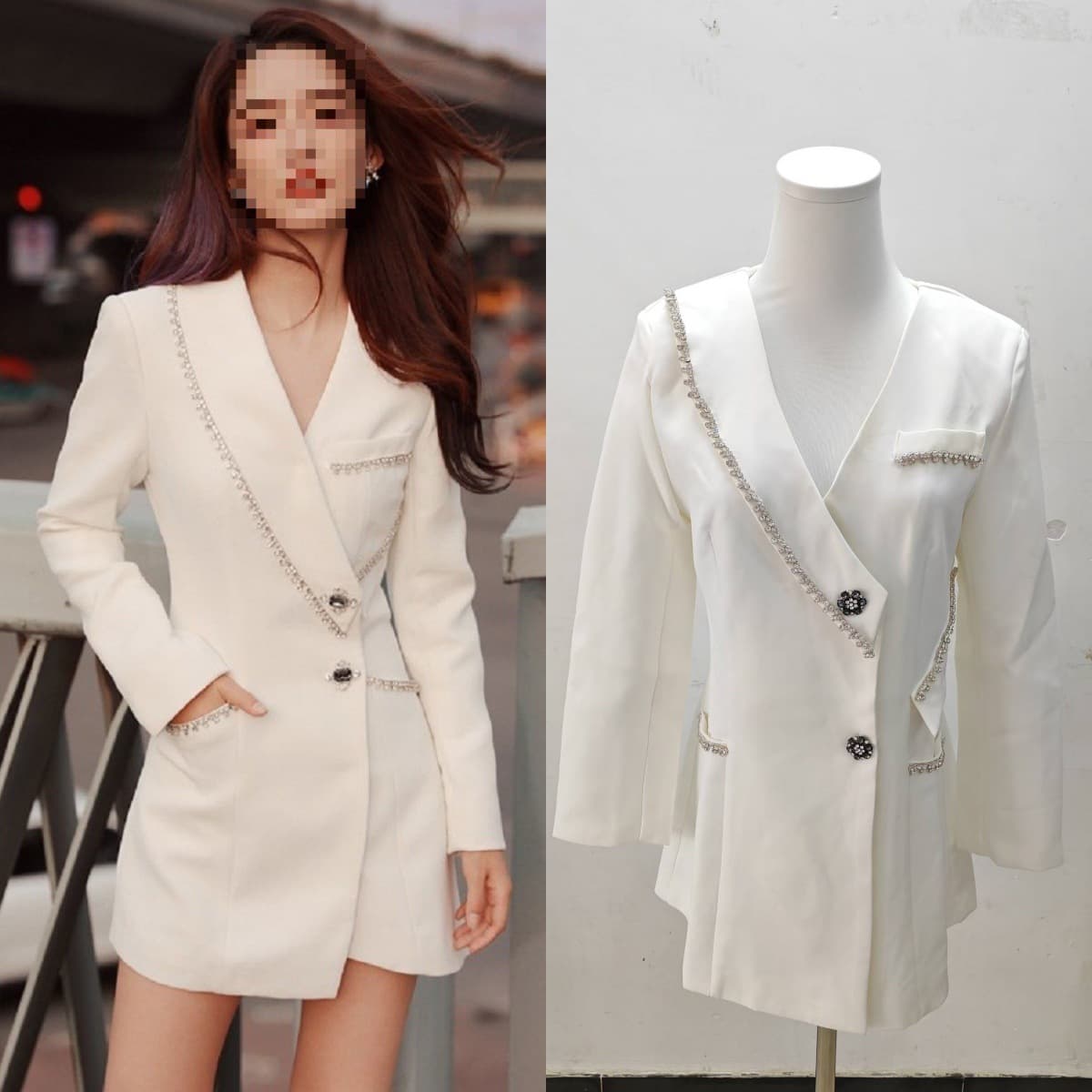 Long-term stock 2025 spring celebrity same style heavy work diamond-encrusted suit dress goddess style white suit jacket women.