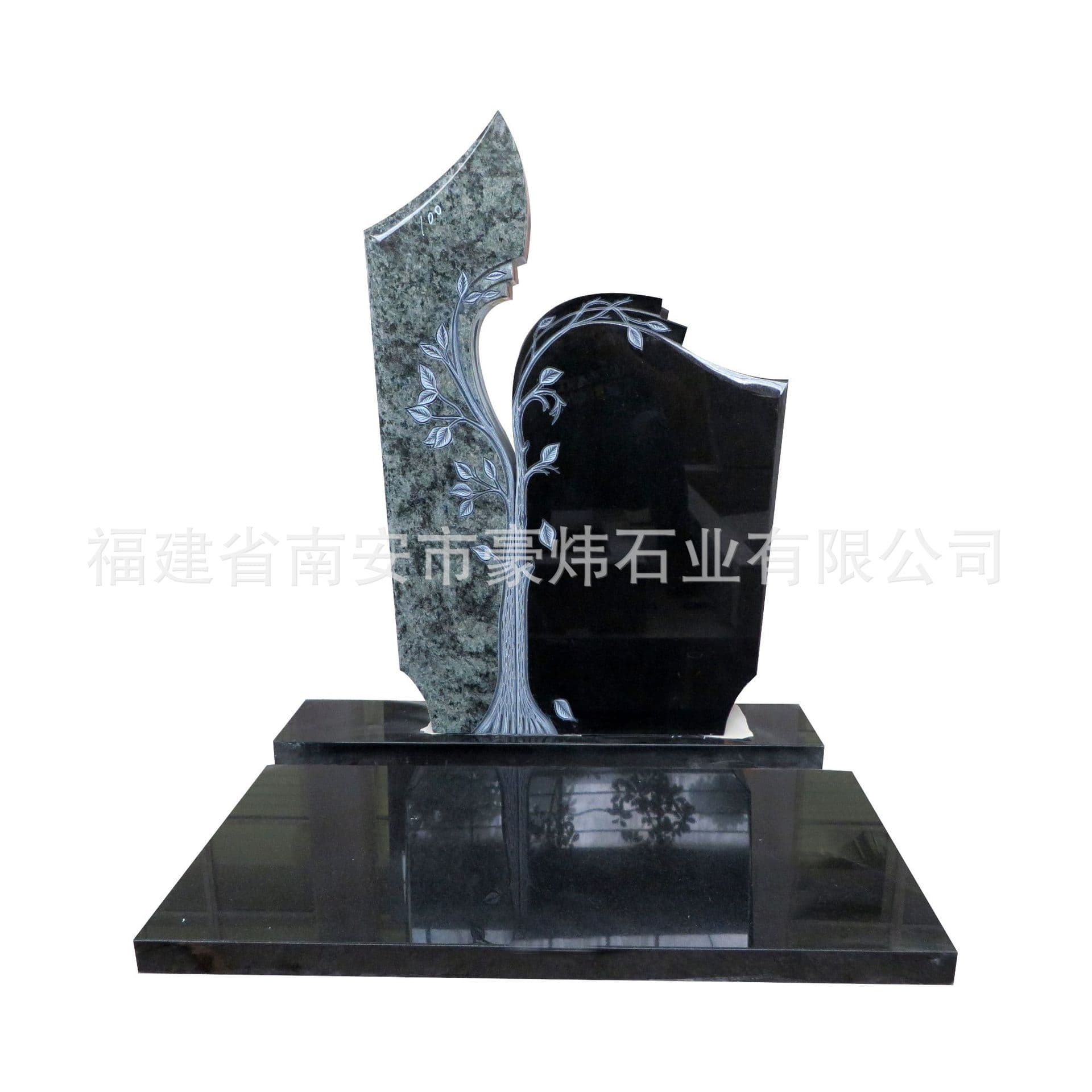 Custom European tombstones, two-tone granite tree carving upright monuments.