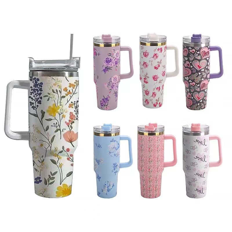 3D Printed 40oz Handle Cup Car Cup with Handle Insulated Stainless Steel Coffee Cup with Straw