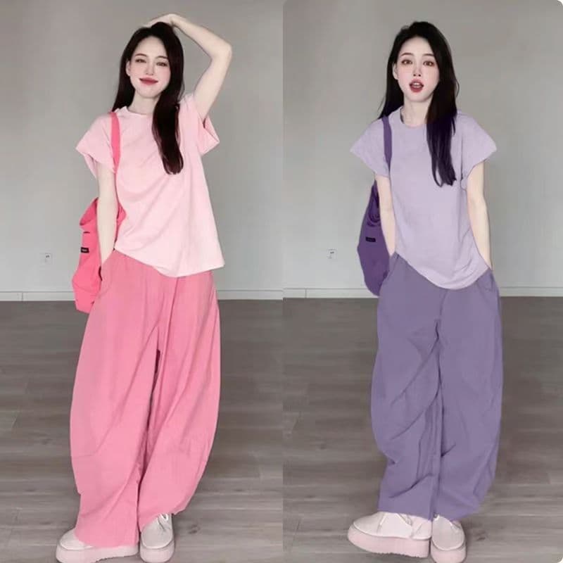 2026 Dopamine Outfit Set Sportswear Women Casual Trendy Candy Color Top Summer Wide Leg Pants